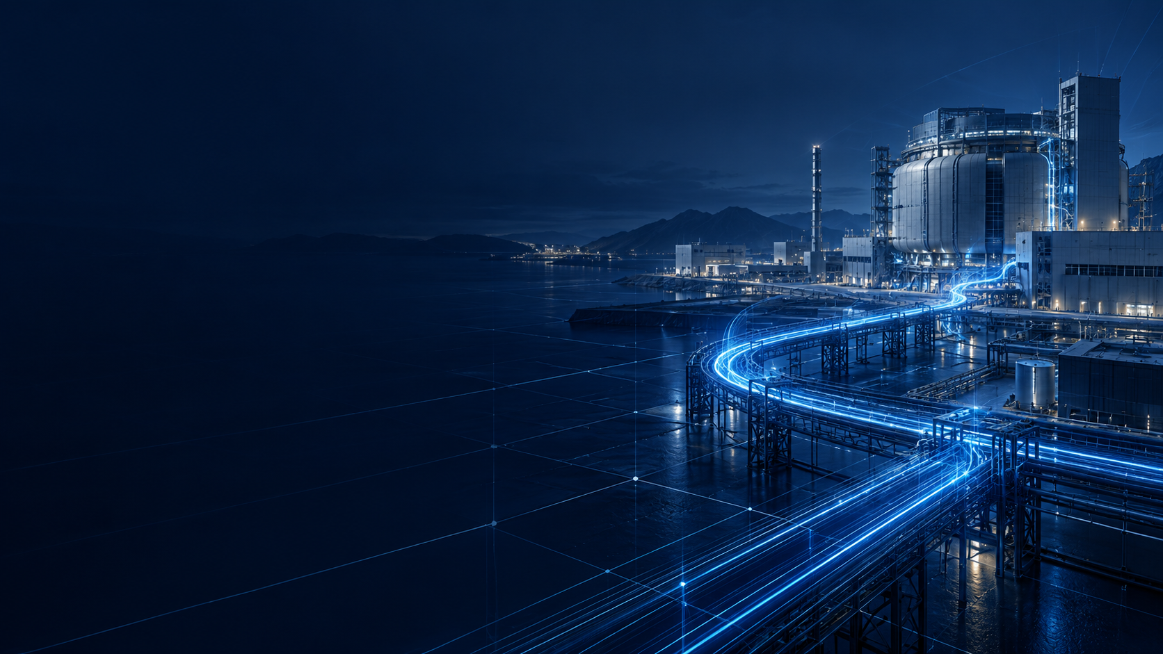 Advanced energy infrastructure illuminated at night
